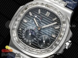 Nautilus 5712 SS YSF 1:1 Best Edition Blue Dial Diamonds Bezel on Blue Leather Strap A240